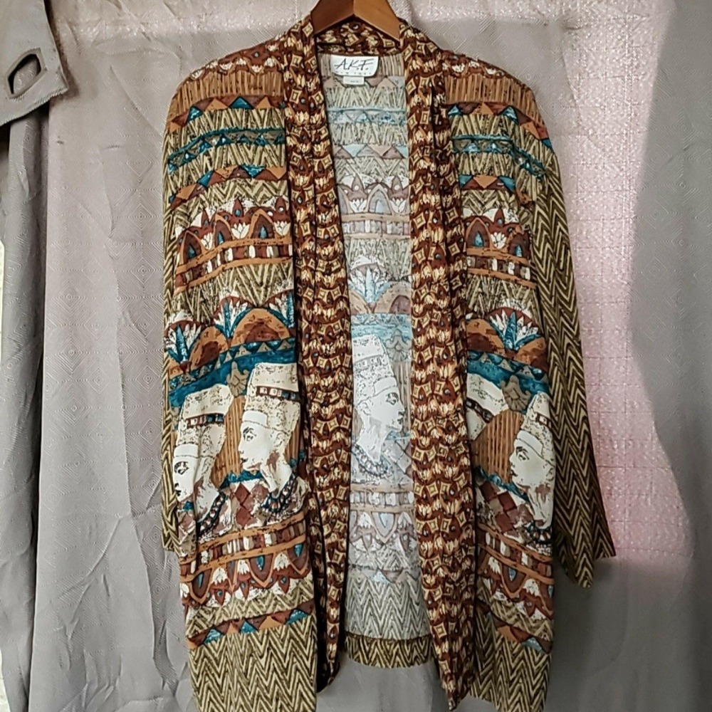 Vintage A.K.F. New York Jacket Womens Petite PL Brown Kimono Egyptian Art